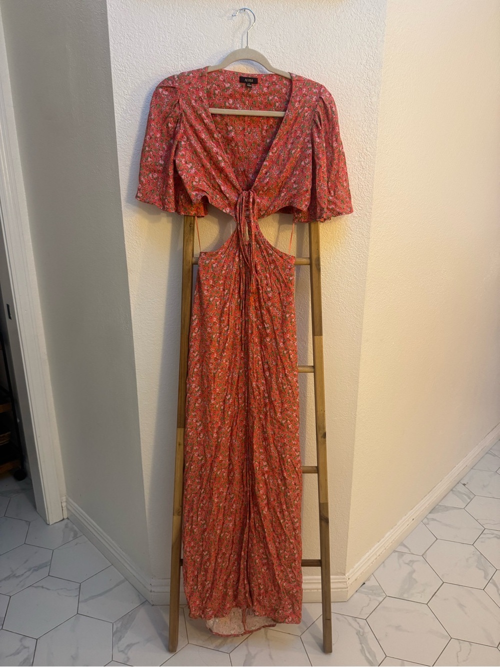 AFRM Savvy Coral Floral Cutout Maxi Dress with Slit Down the Middle - Picture 6 of 14